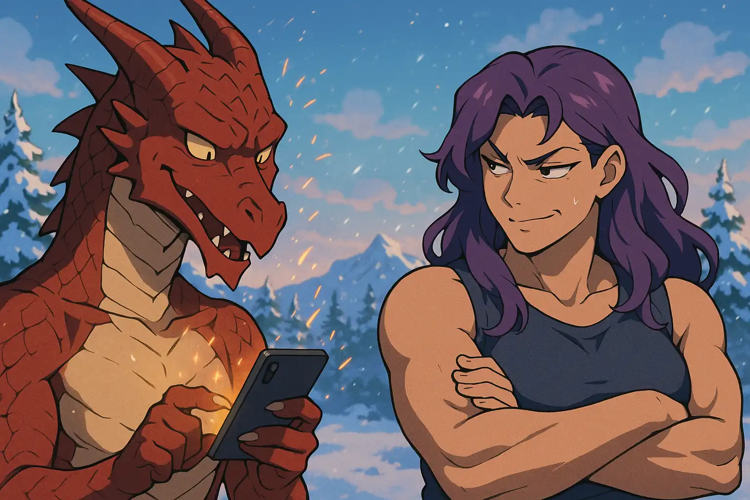 Anime-style landscape of Red the Dragon typing a glowing message on his phone while Whaleslaughter wears a smirking, skeptical expression — sparks of gossip and mischief in the frosty air.